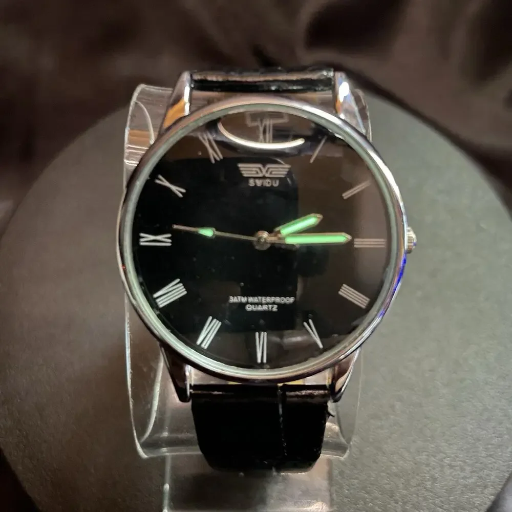 SVIDU Quartz Men's Watch 38mm Black Dial Roman Numerals Leather Strap